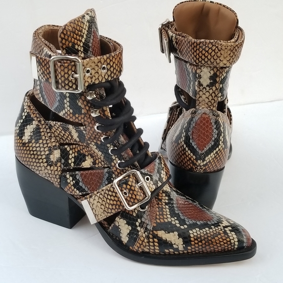 Brand New CHLOÉ Python-Embossed Leather cut out  Combat Boots - Picture 4 of 16